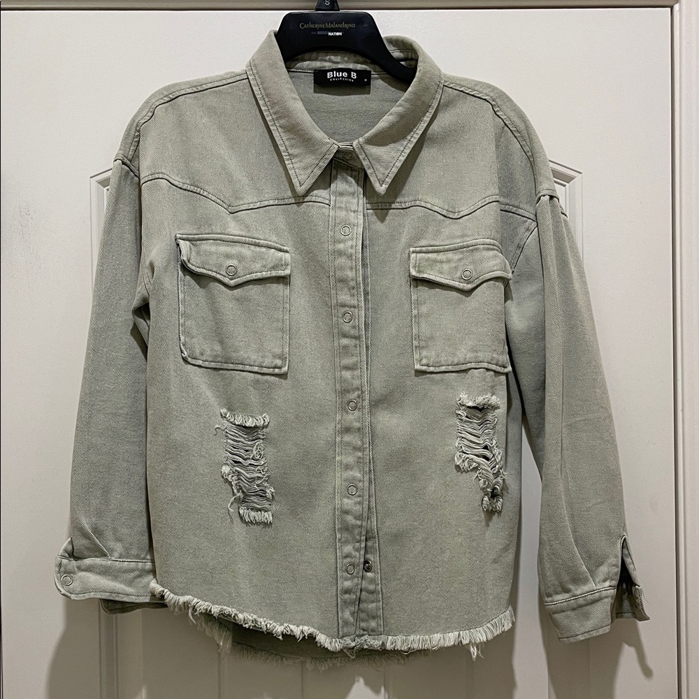 Distressed Olive Denim Jacket - image 1
